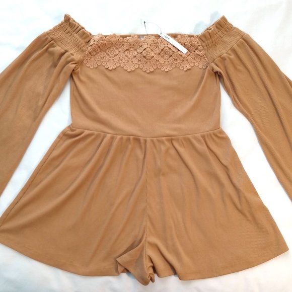 ASOS Romper Womens Size 6 Mustard Yellow Ribbed Off Shoulder Long Sleeve NWT - Picture 1 of 10